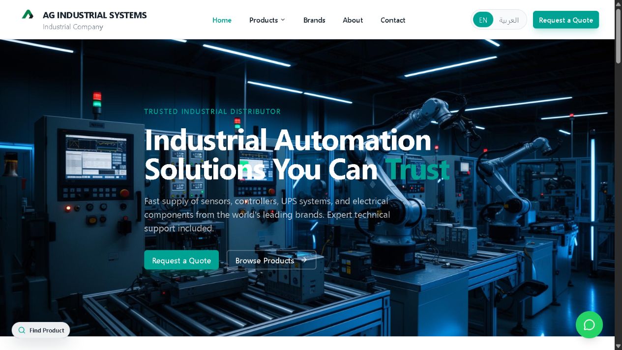 Preview of the AG Industrial Systems homepage, with industrial automation solutions and links to browse products
